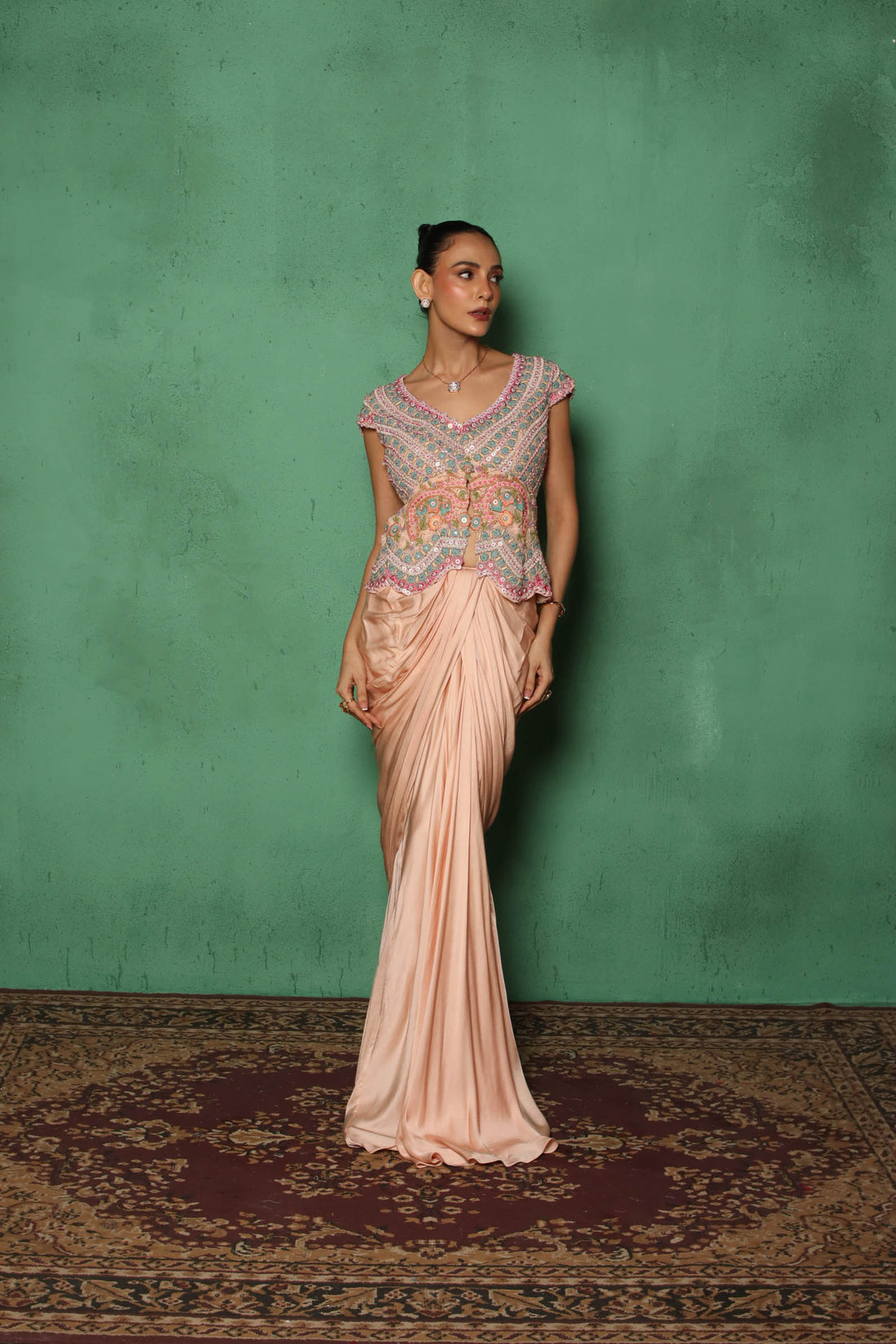 Beaded Drape Jacket Set (Peach)