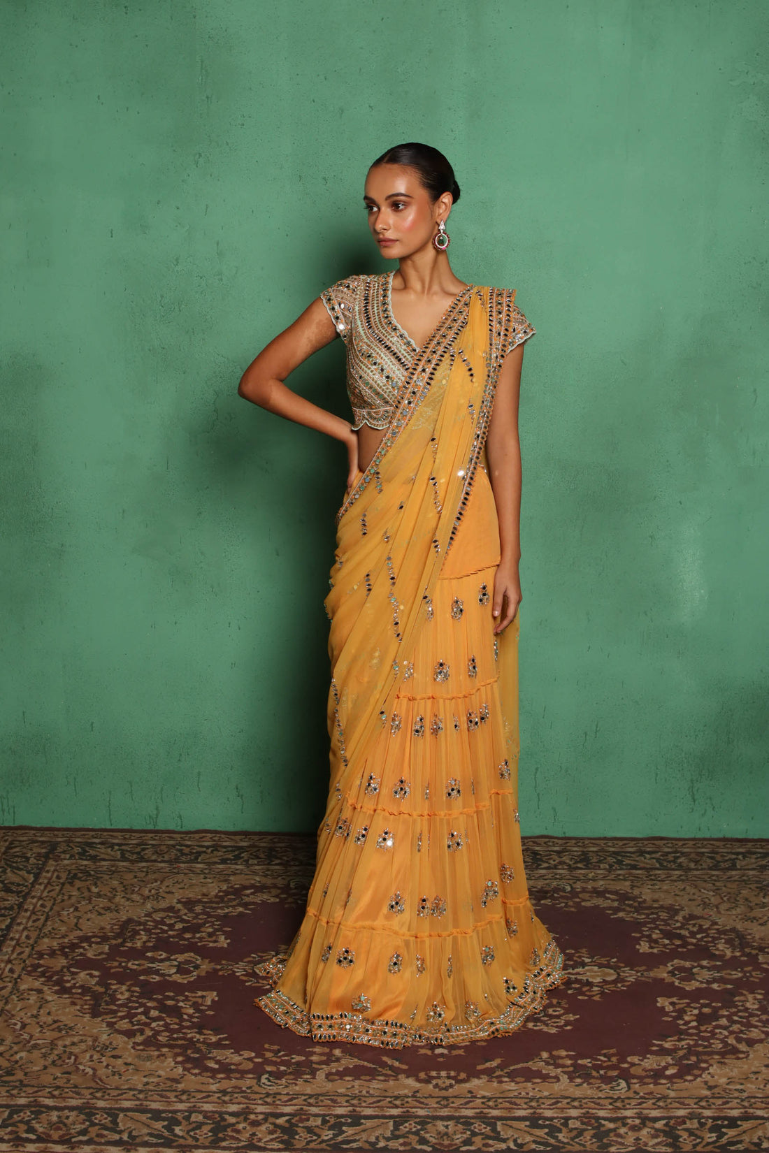 Mirror Line Fish Scale Saree(Mango)