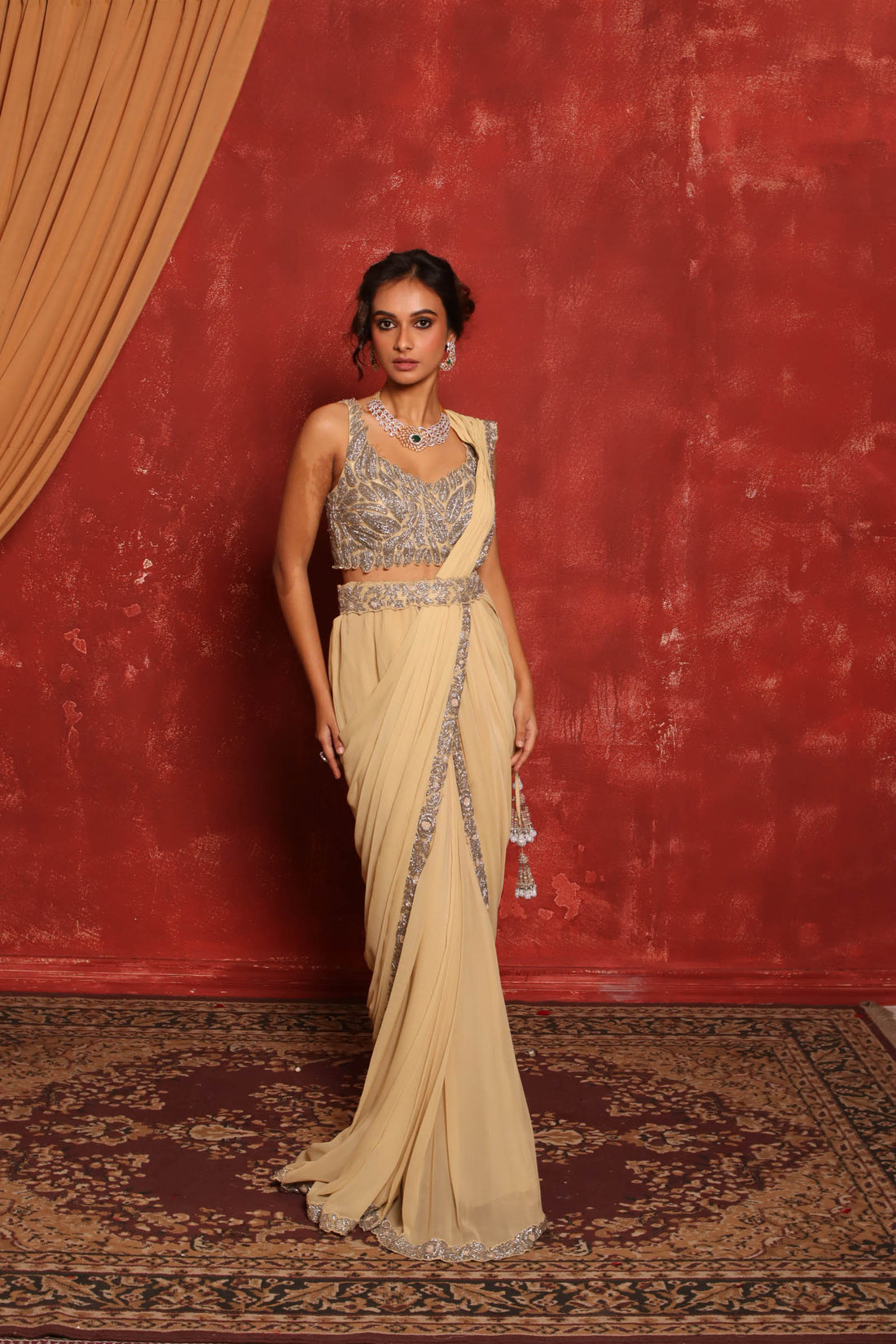 Silver Leaf Drape Saree
