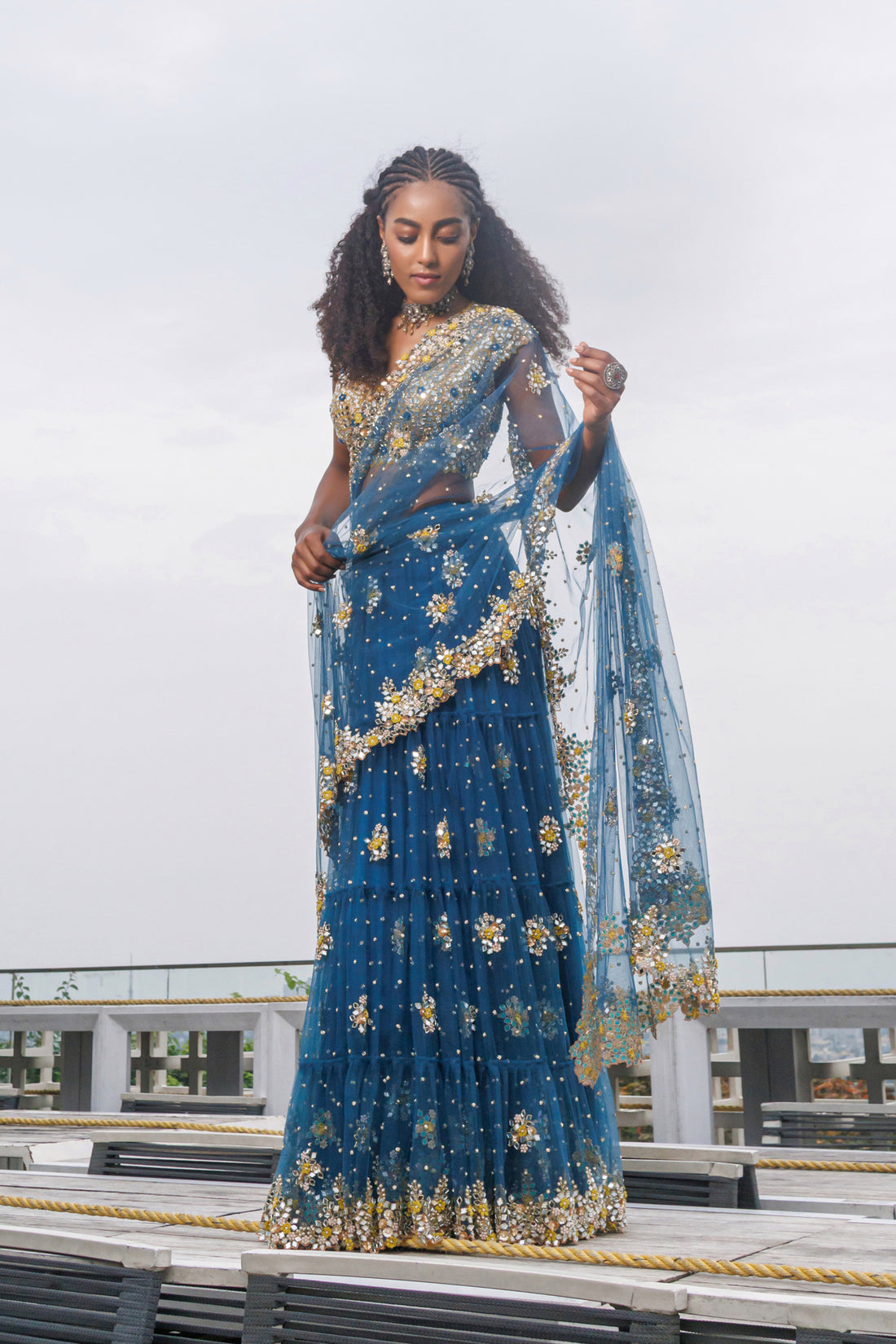 French Knot Saree (Navy Blue/Yellow)