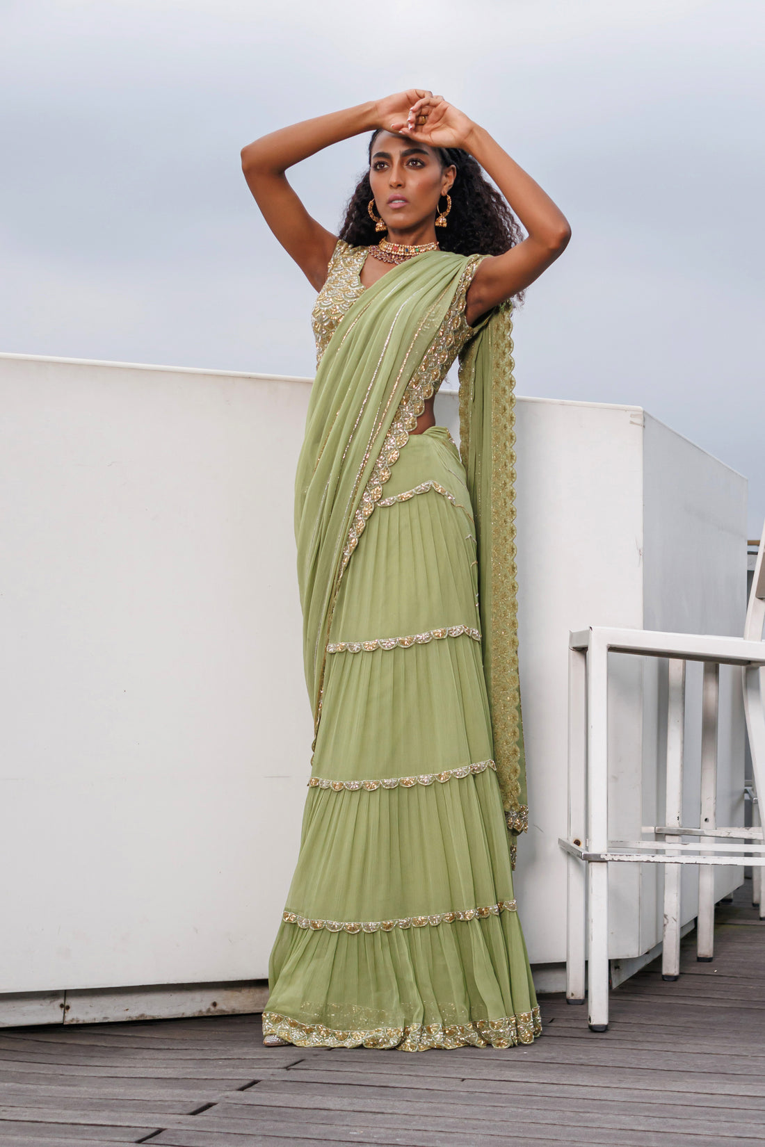 Fishscale Scallop Lehenga Sari (Mustard Green)
