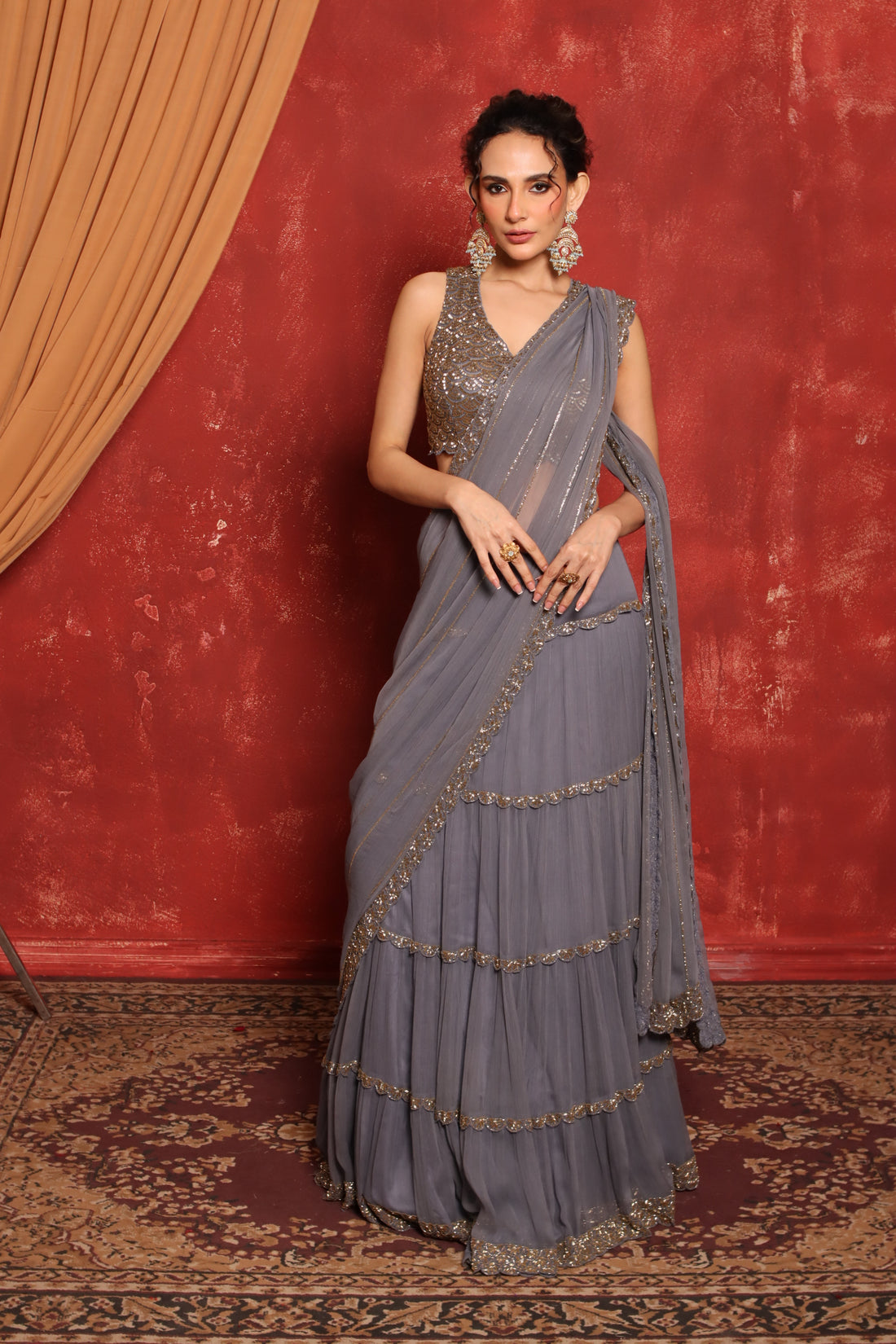 Fishscale Scallop Lehenga Sari (Smoke Grey)