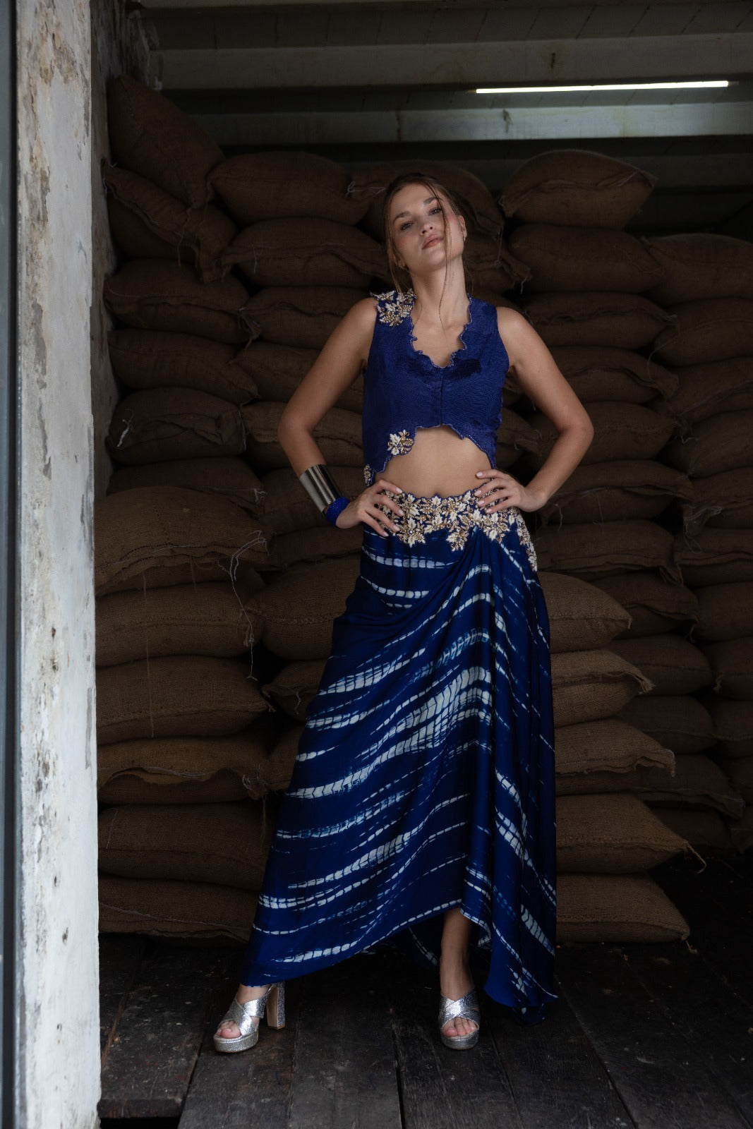 Indigo batik drape with crop top