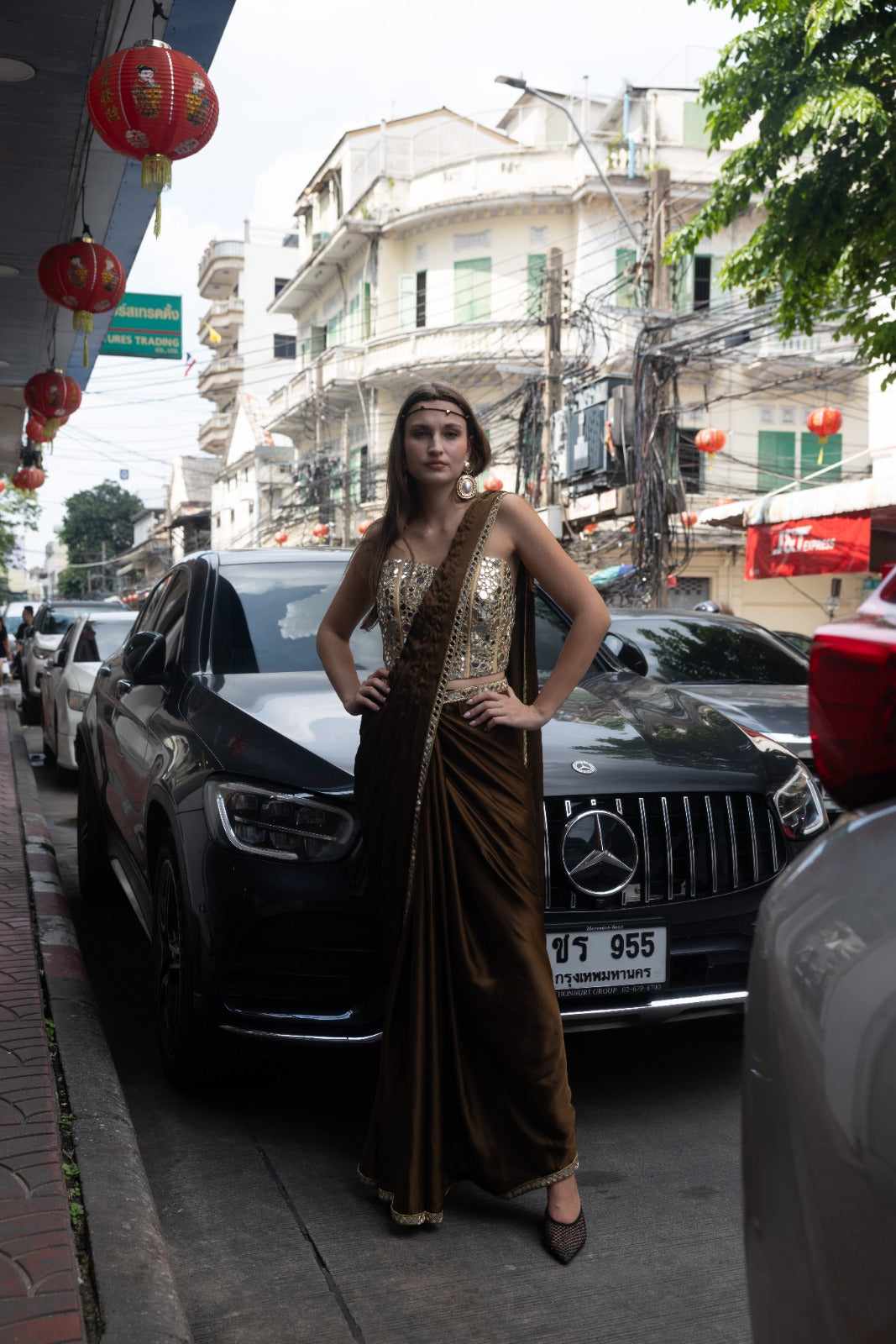 Golden broken mirror corset with saree (Brown)